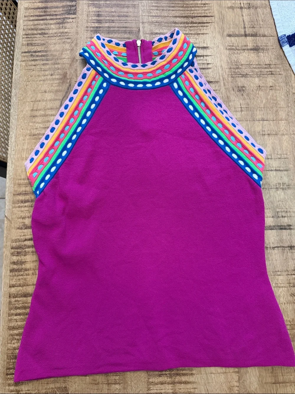 Milly Fuchsia Halter Top with Multicolor Stripe and Dot Trim - Picture 3 of 8